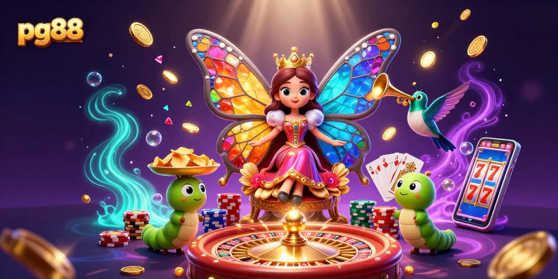 Experience the excitement of pg88 with a vibrant 3D illustration showcasing casino games and rewards.