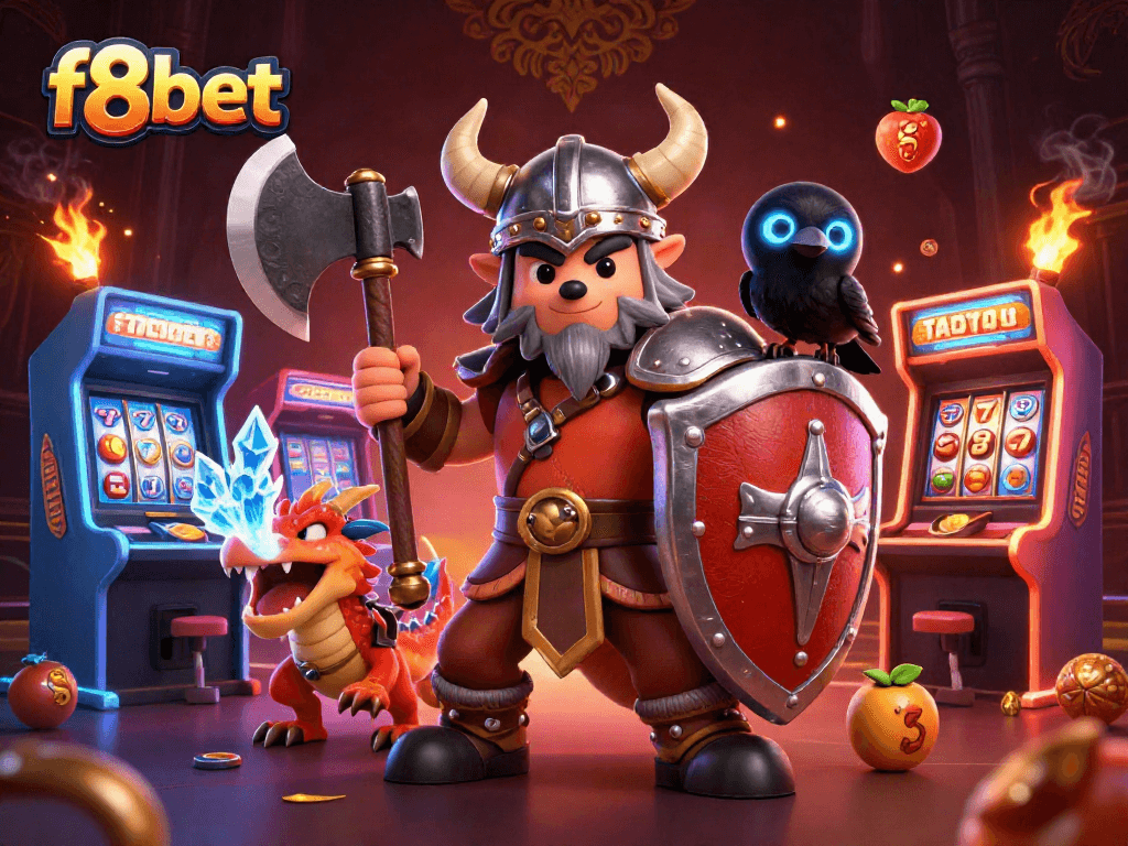 Engage in exciting slots at f8bet with a Viking warrior, dragon, and vibrant casino elements.