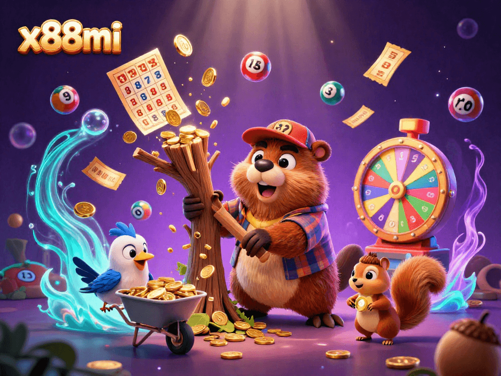 x88mi showcases a lively scene with cartoon characters collecting gold coins, themed for lottery games.