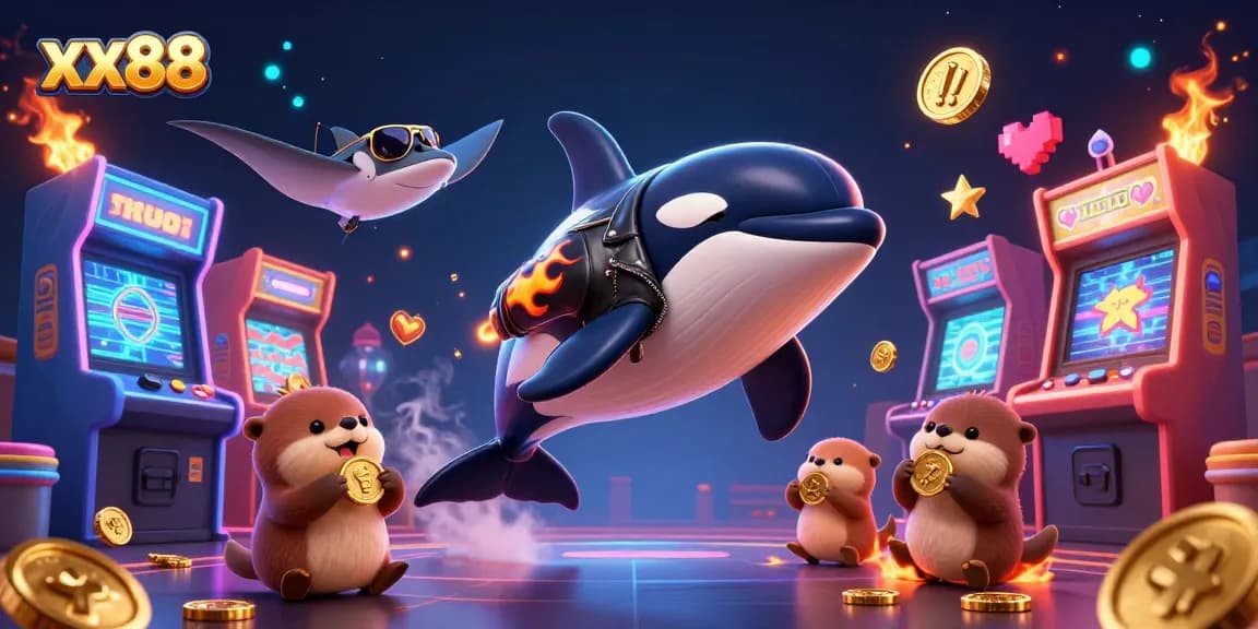 Engage with the ultimate gaming scene at xx88 featuring colorful arcade machines and animated sea creatures.