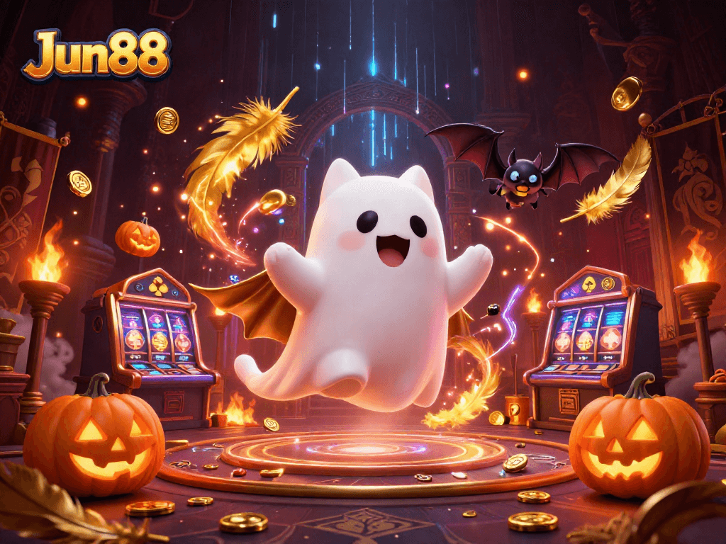 Experience thrilling gameplay at Jun88 with a ghost cat and bat in a haunted casino!