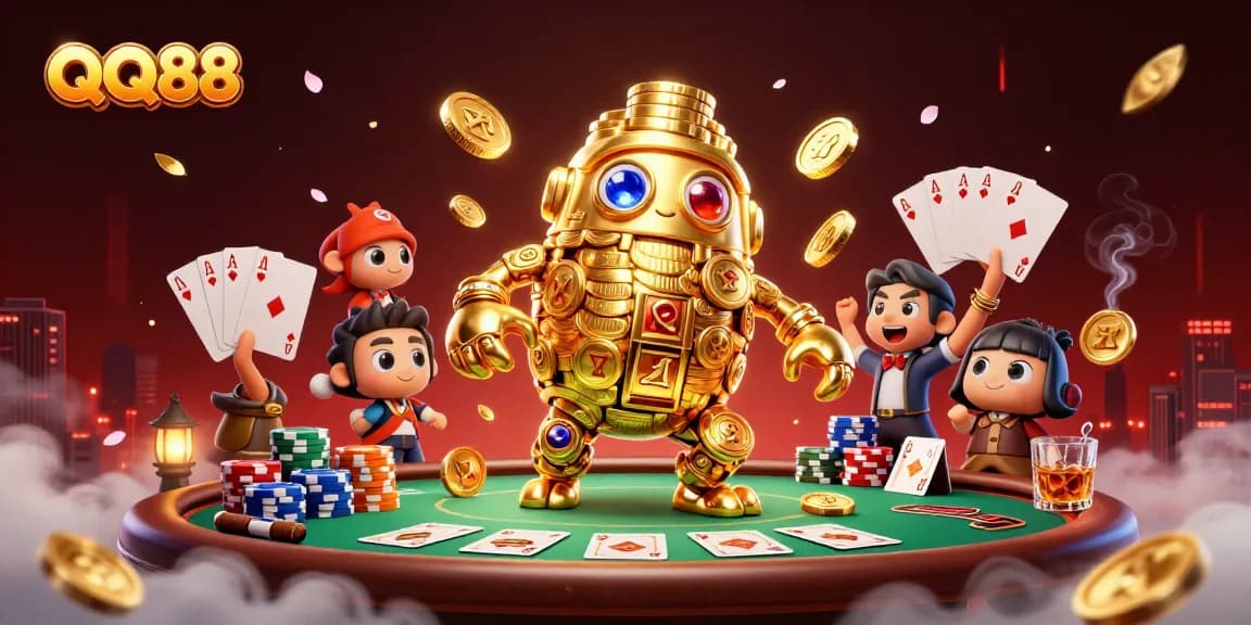 Experience thrilling gaming with QQ88's 3D golden golem amidst vibrant poker elements.
