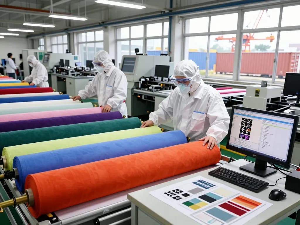 Sunwin textile production showcasing vibrant fabric rolls and innovative design processes in a bustling manufacturing facility