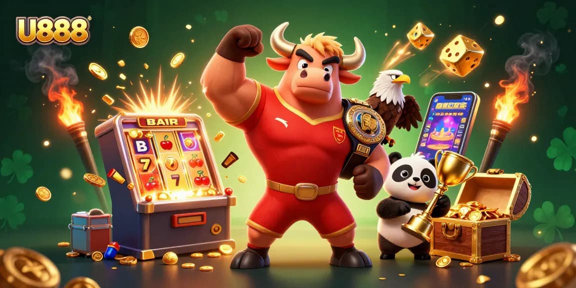 U888 jackpot celebration with a victorious bull mascot, eagle, and trophy-holding panda.