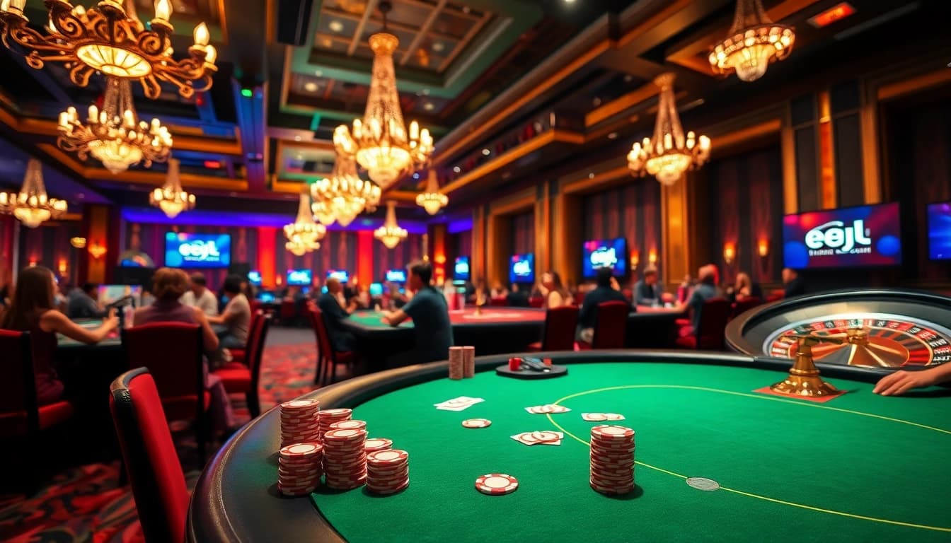 Engaged gamblers playing poker at a casino table, enjoying the eejl gaming experience.