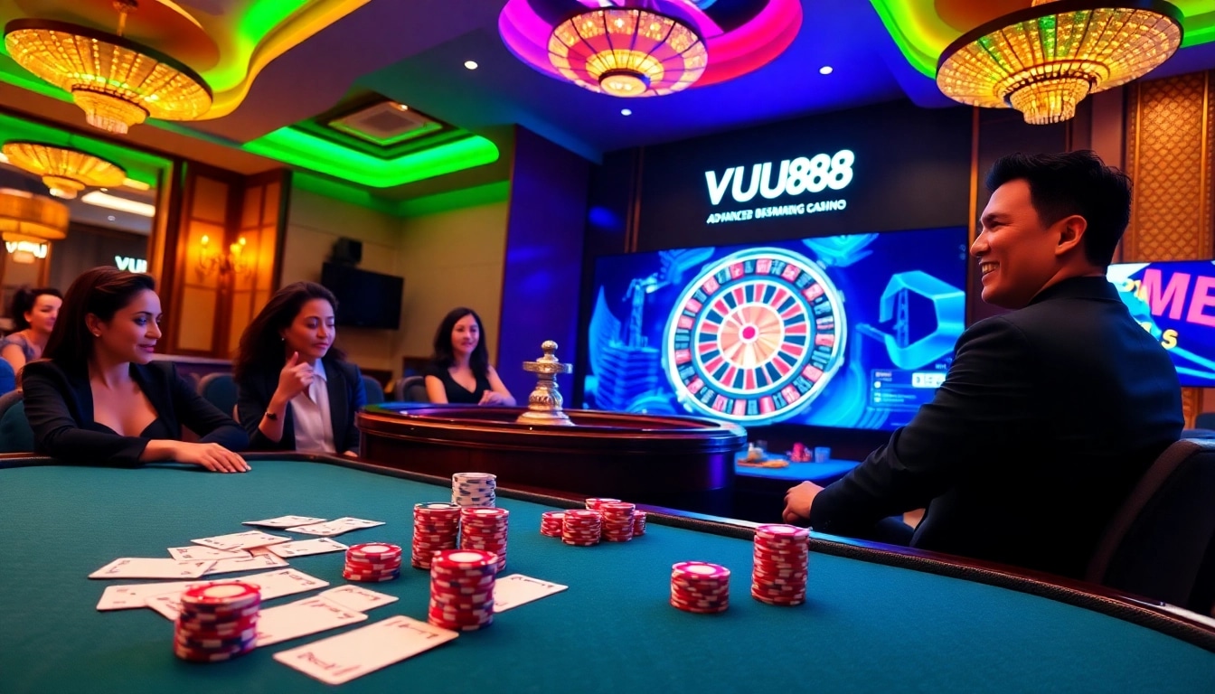 Players enjoying a thrilling poker game at VU88 casino, showcasing excitement and luxury.