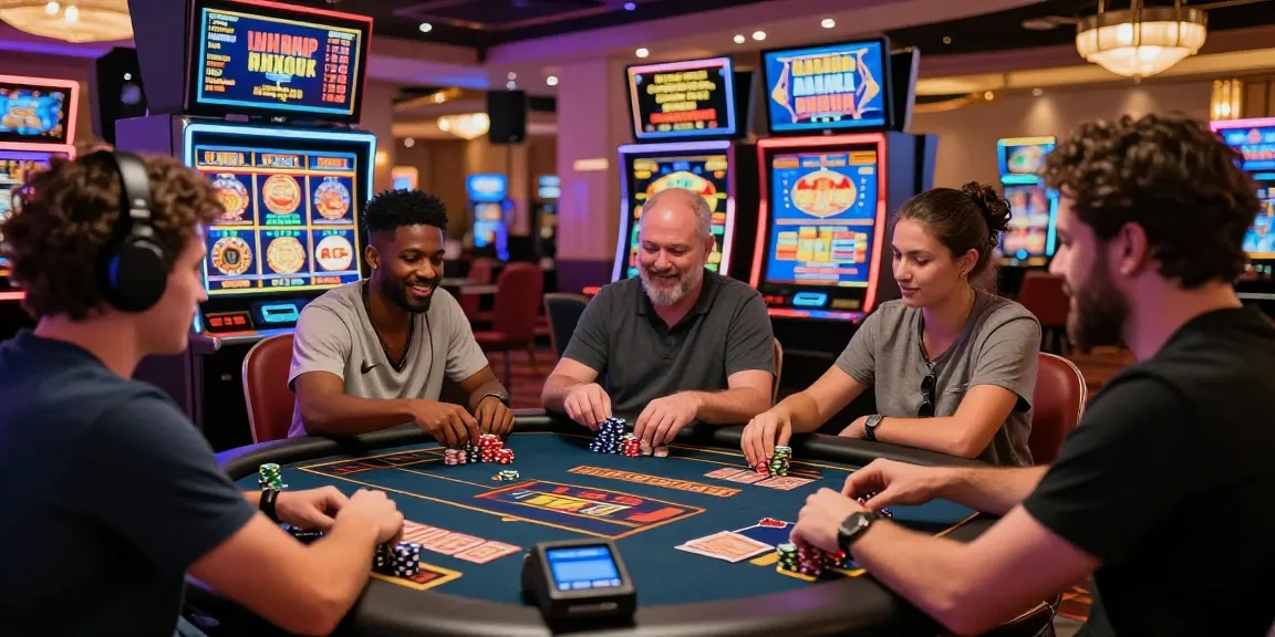 Players enjoying slots at online casinos that accept credit cards with vibrant casino atmosphere.