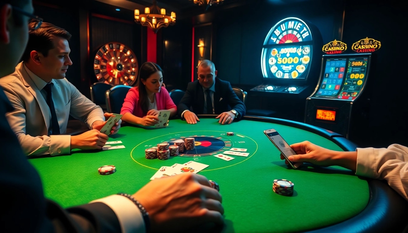 SODO CASINO players enjoying an exciting game of poker at a luxury casino table.
