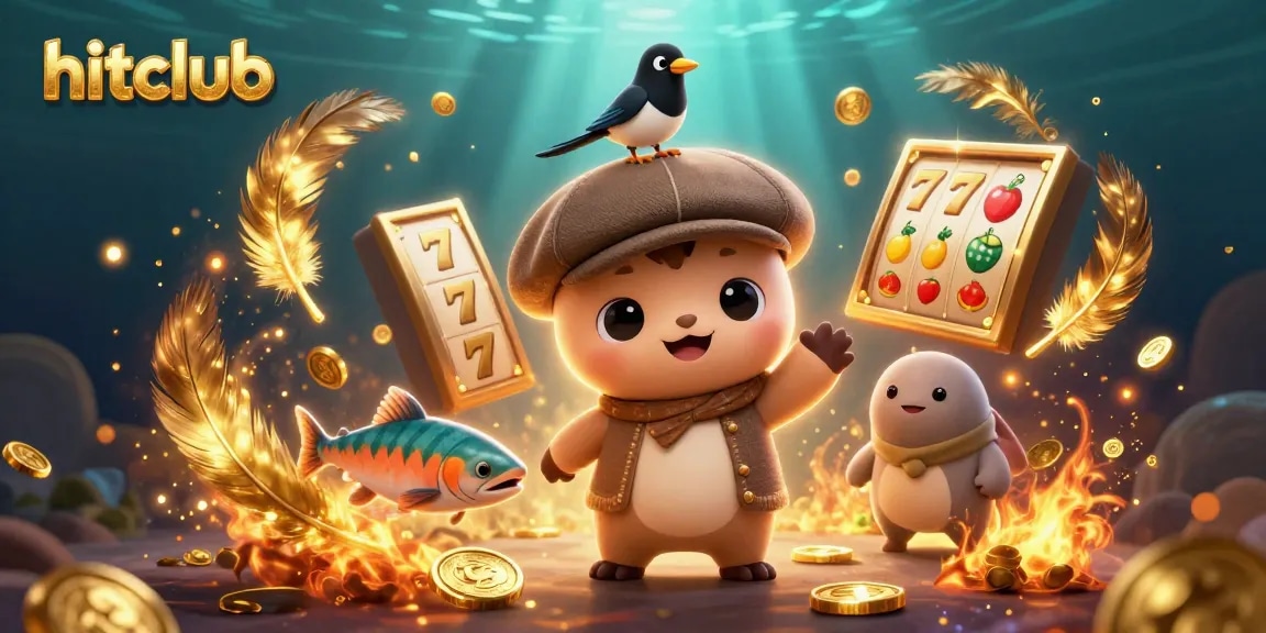 Experience the excitement at hitclub with a vibrant casino-themed 3D illustration featuring playful characters and rich game elements.
