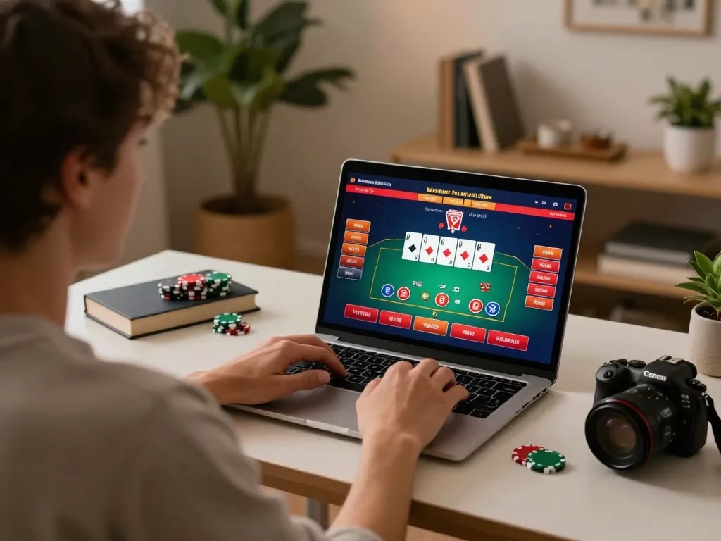 Player engaged in online gambling with DN88 casino app, showcasing poker game interface and cozy home setup.