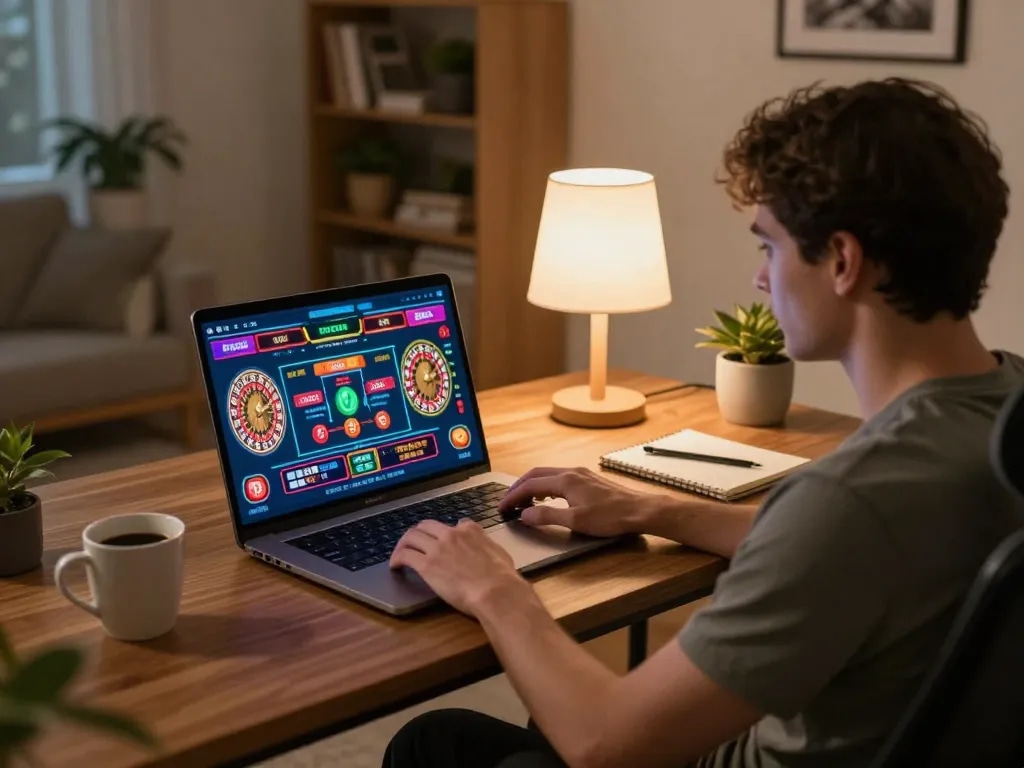 A player strategizing at home with online casino games on their laptop, promoting nhà cái uy tín experience.