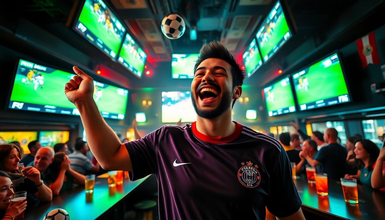 Bongdanet soccer fans celebrating live match updates in a vibrant sports bar atmosphere.