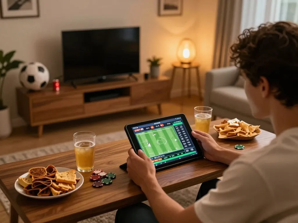 Kết quả bóng đá displayed prominently on a tablet during an intense sports betting session, illustrating dynamic betting opportunities.