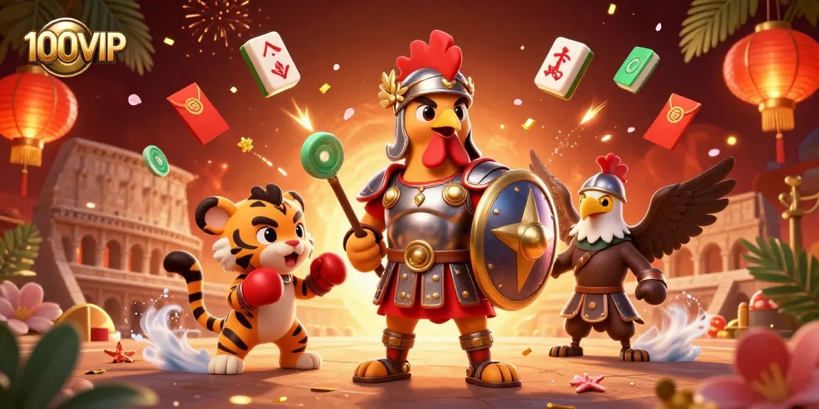 Experience the thrill of 100VIP with a lively scene combining cartoon characters and gaming elements.