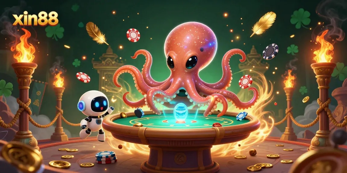 Experience exciting gameplay at xin88 with a vibrant scene of an alien octopus and poker action.