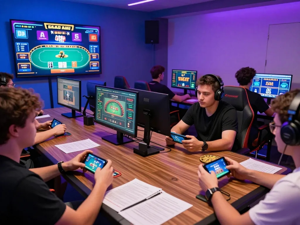 Engaging in exciting Game bài đổi thưởng strategies at a vibrant online gaming room, players immersed and making bets.