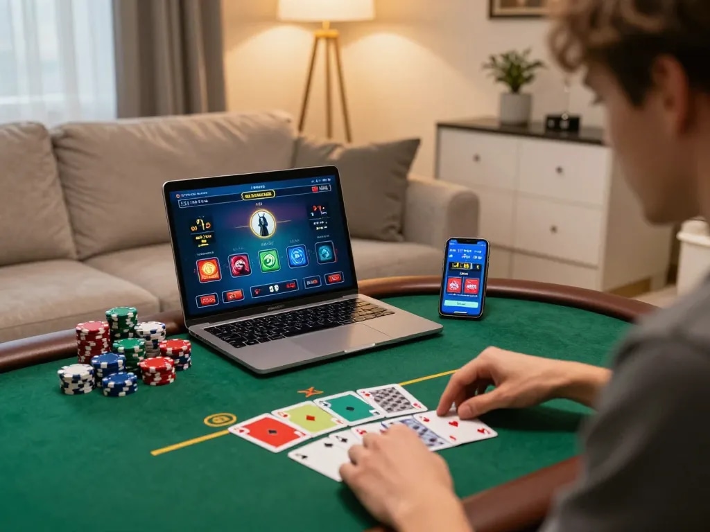 N188 player engaged in online poker, showcasing a vibrant home gambling experience.