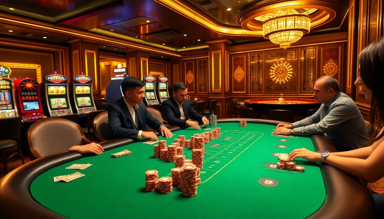 KIM88 poker players strategizing at an elegant table in a vibrant casino atmosphere.