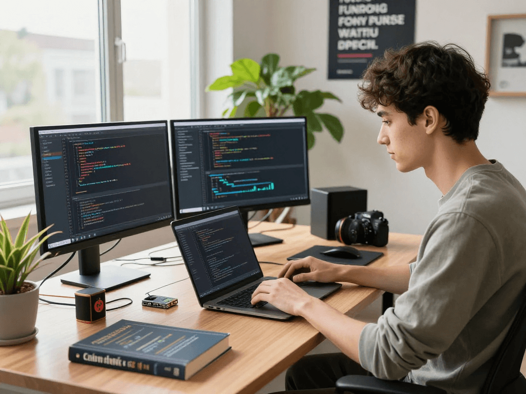 Software developer coding in a bright workspace, showcasing innovation in tech industry with ia +18 elements.