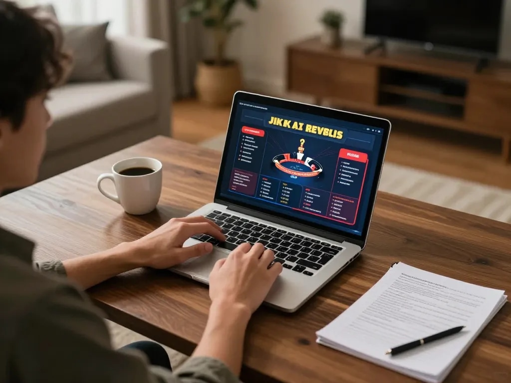 Engaged user playing WALA88 online casino game with strategy notes at home.