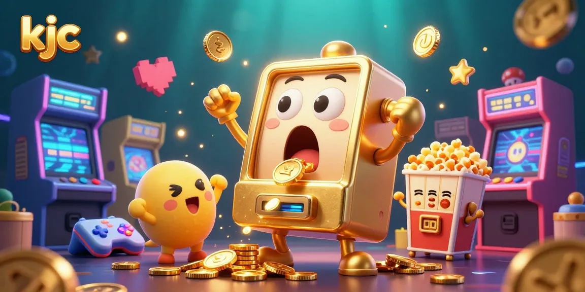 Experience a lively casino scene with kjc, where a golden slot machine wins a jackpot, surrounded by cheering mini slots.