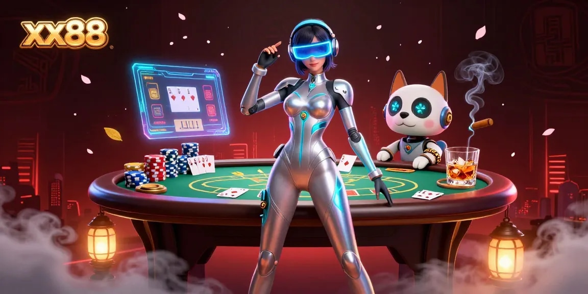 Experience thrilling gameplay at xx88 with a vibrant 3D casino illustration featuring a futuristic woman and robot dog.