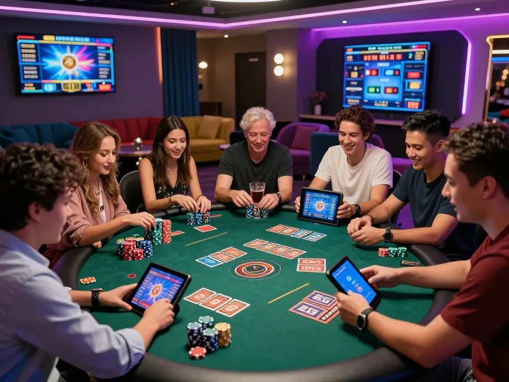 Exciting gaming scene at trang chủ C168, friends enjoying digital card games with vibrant neon lights.