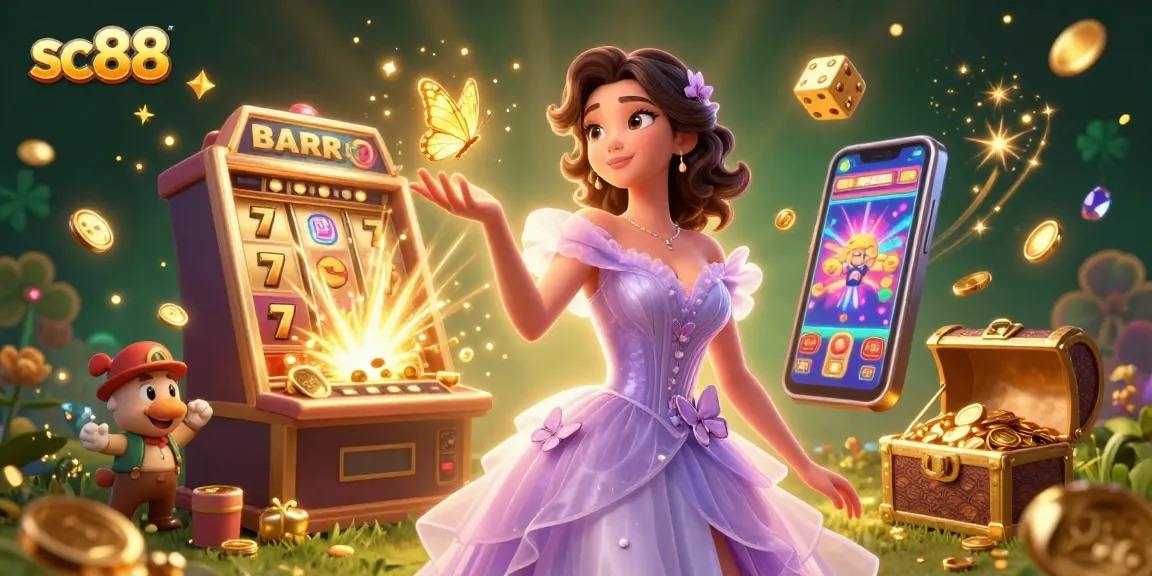Win big with sc88 at the dynamic slot machine surrounded by golden elements and casino games.
