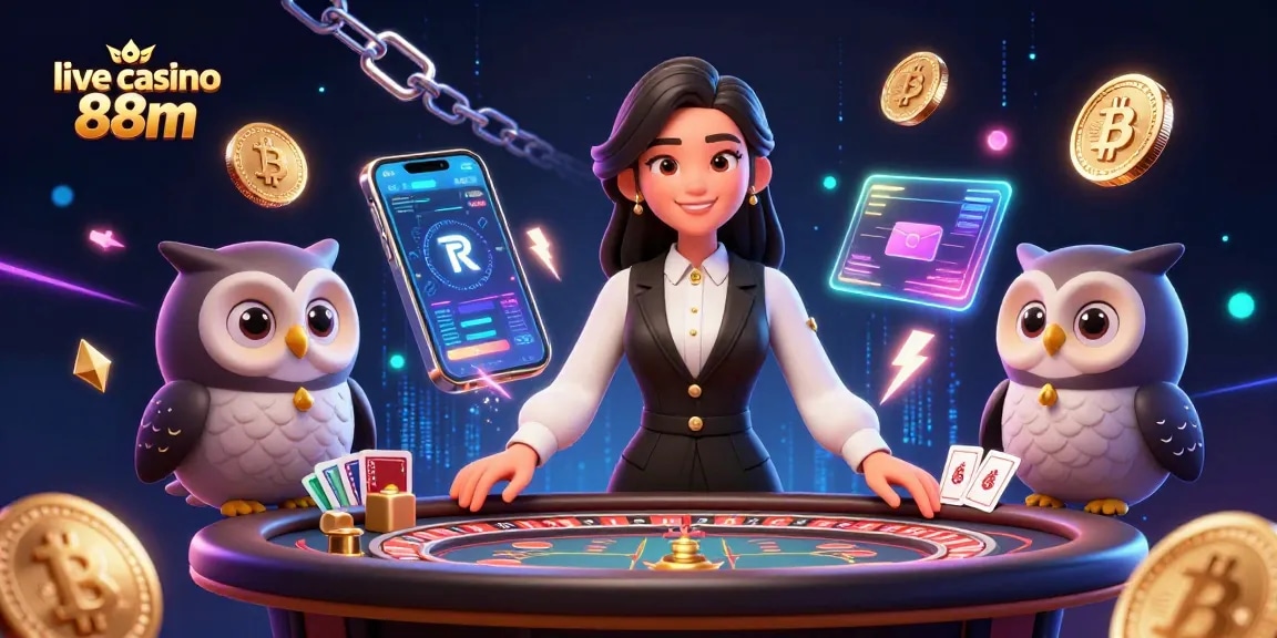 Engage in live casino 88m thrill with an elegant dealer and vibrant gaming elements.