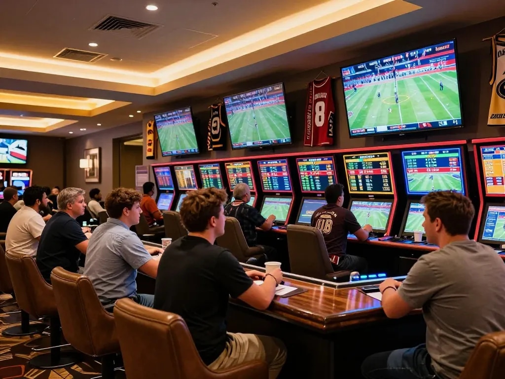 Fans placing bets in the vibrant sportsbook area of 79KING1 casino.