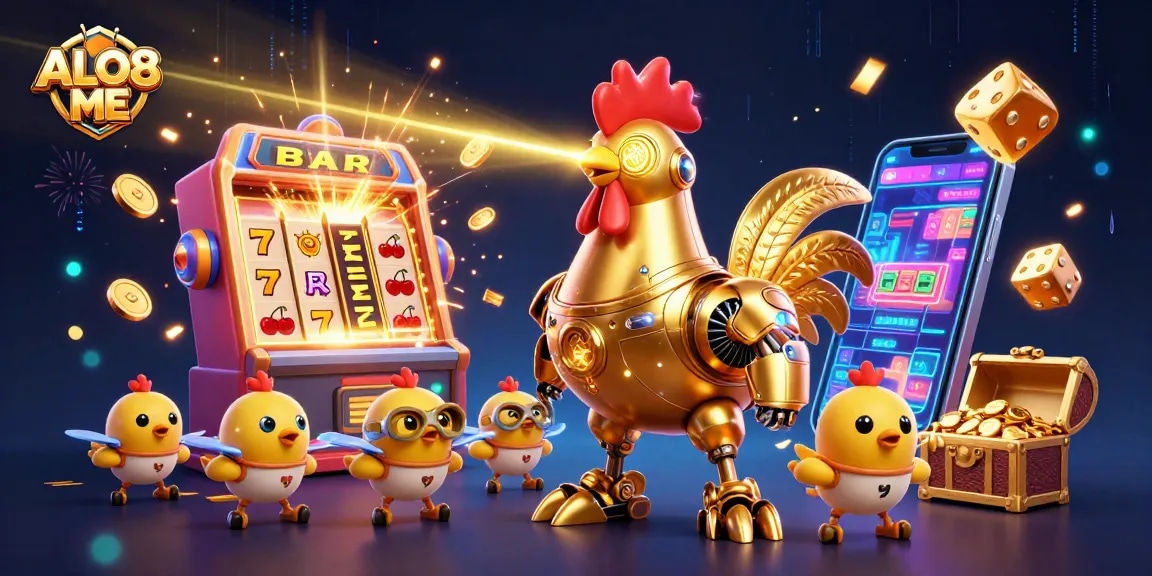 Engage in exciting gameplay at ALO8 ME with the dynamic golden rooster robot and casino-themed elements.