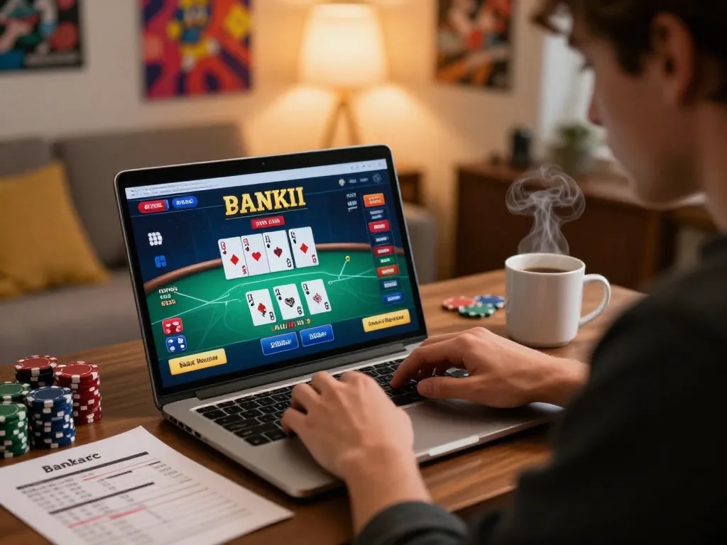 Player at home engaging in online poker showcasing nhà cái uy tín, focused on virtual game with strategy notes.
