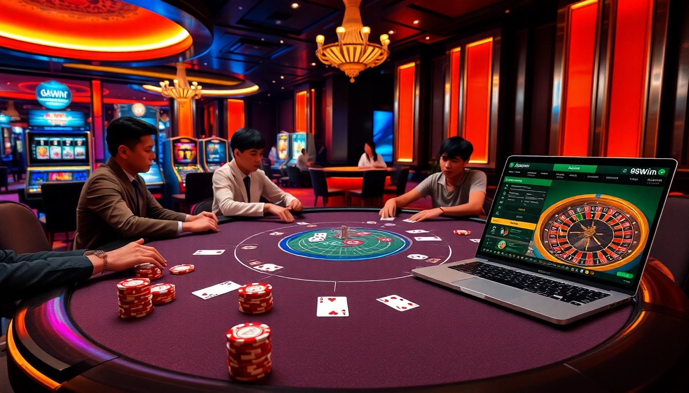 Experience a thrilling poker game at 98Win, showcasing casino chips and vibrant ambiance.