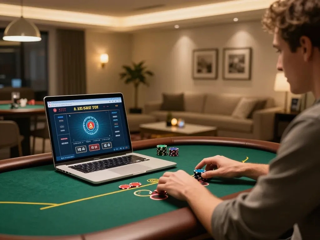 Engaging in an exciting poker game on a laptop, fly888 gaming setup showcasing stylish interior.