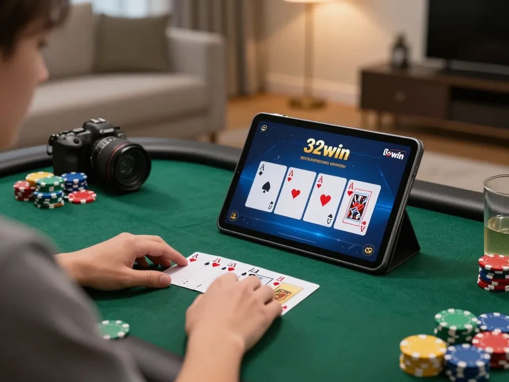 Engaging in a thrilling 32win con poker game on a tablet in a modern home setup.