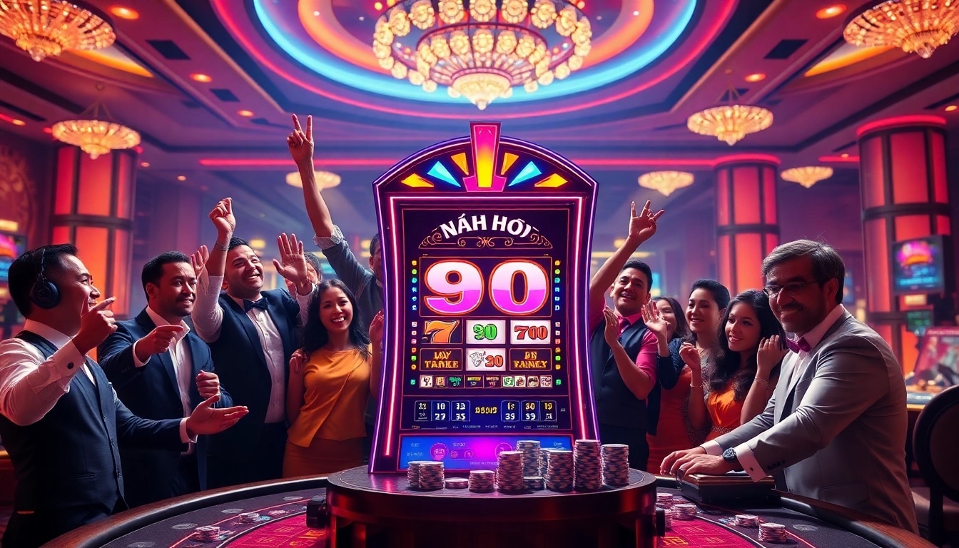 Players celebrating their wins at the nổ hủ 90 slot machine in a vibrant casino environment.