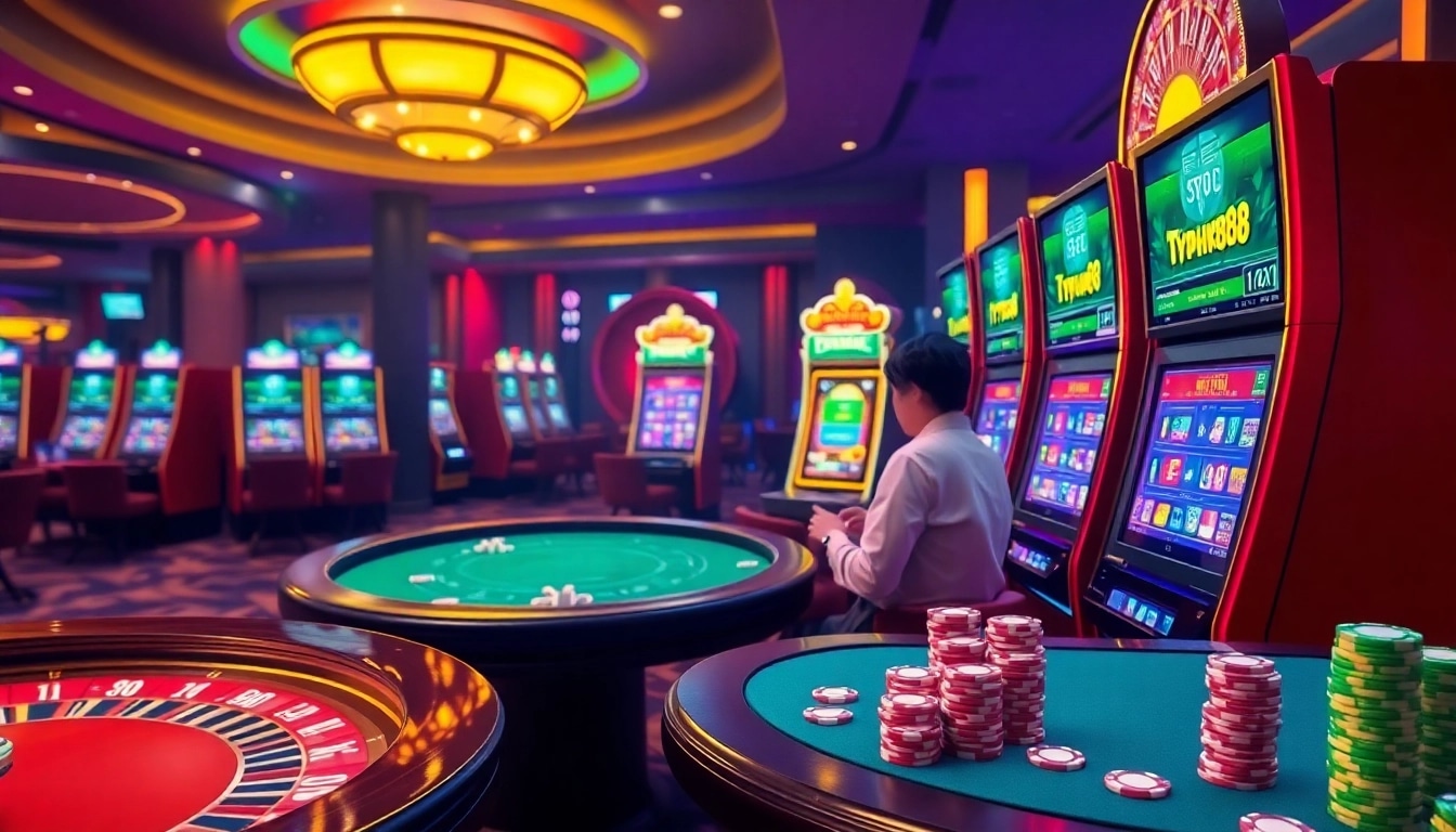 Typhu88 offers an exciting casino experience with vibrant slot machines and professional poker tables.