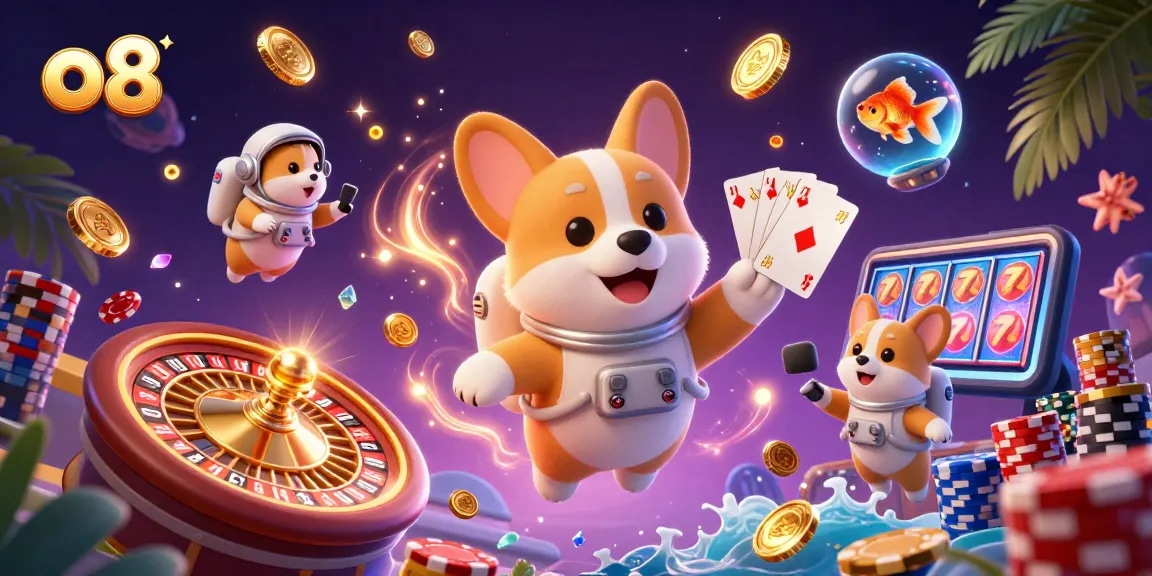 Spin the reels with o8: 3D astronaut corgi in a space casino surrounded by flying coins and chips.