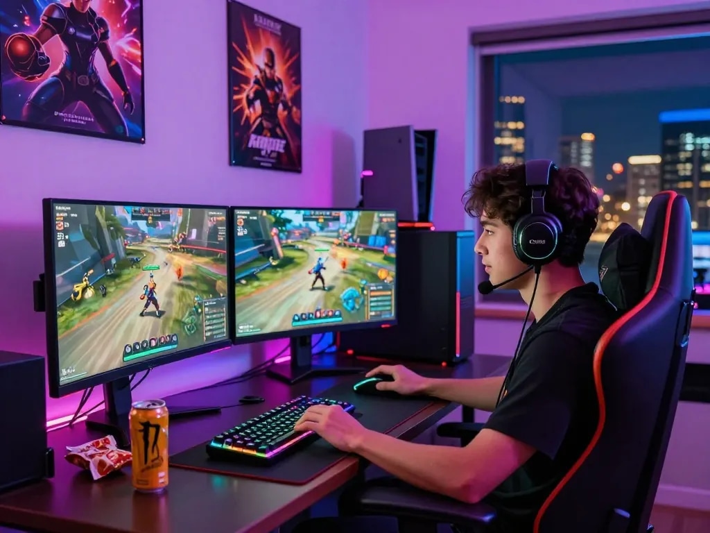 Exciting gaming room scene featuring bomwin player at dual monitors.