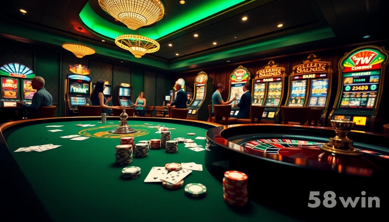 Players enjoying an exciting game night at 58win casino, showcasing colorful tables and vibrant slot machines.