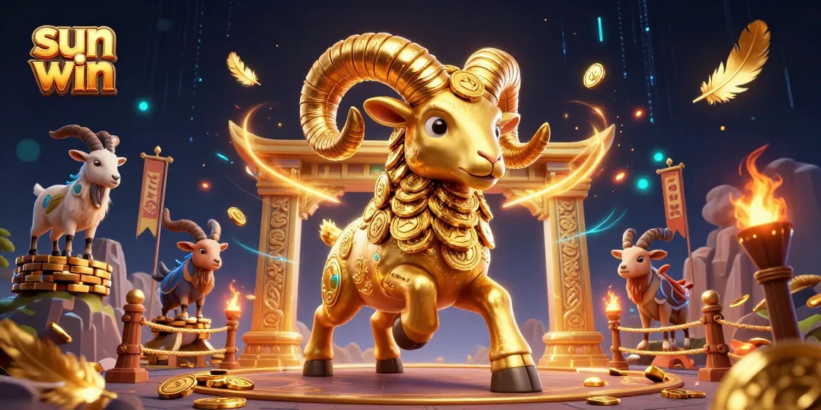 Engage with sun win's exciting golden ram charging through a dynamic casino scene filled with action.