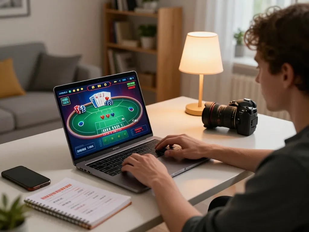 Play online poker at god55 with a cozy home setup, showing gaming interface and betting notes