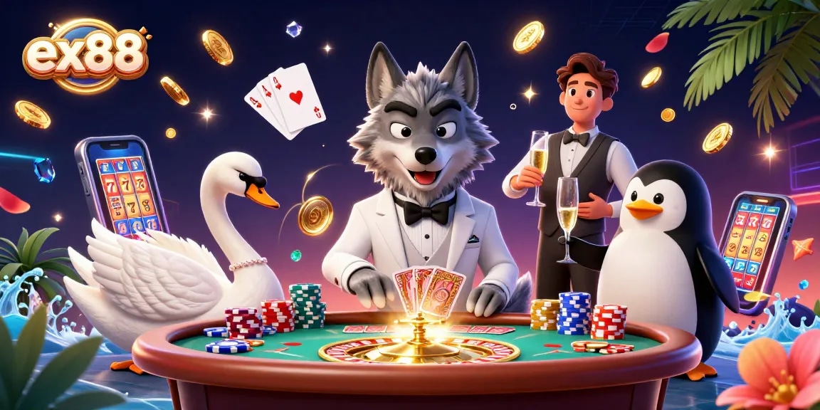 Experience thrilling entertainment at ex88 with a dynamic baccarat scene featuring charming characters.