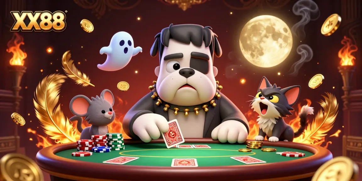 Experience thrilling poker action with the XX88 Frankenstein bulldog dealing cards in a spooky casino.