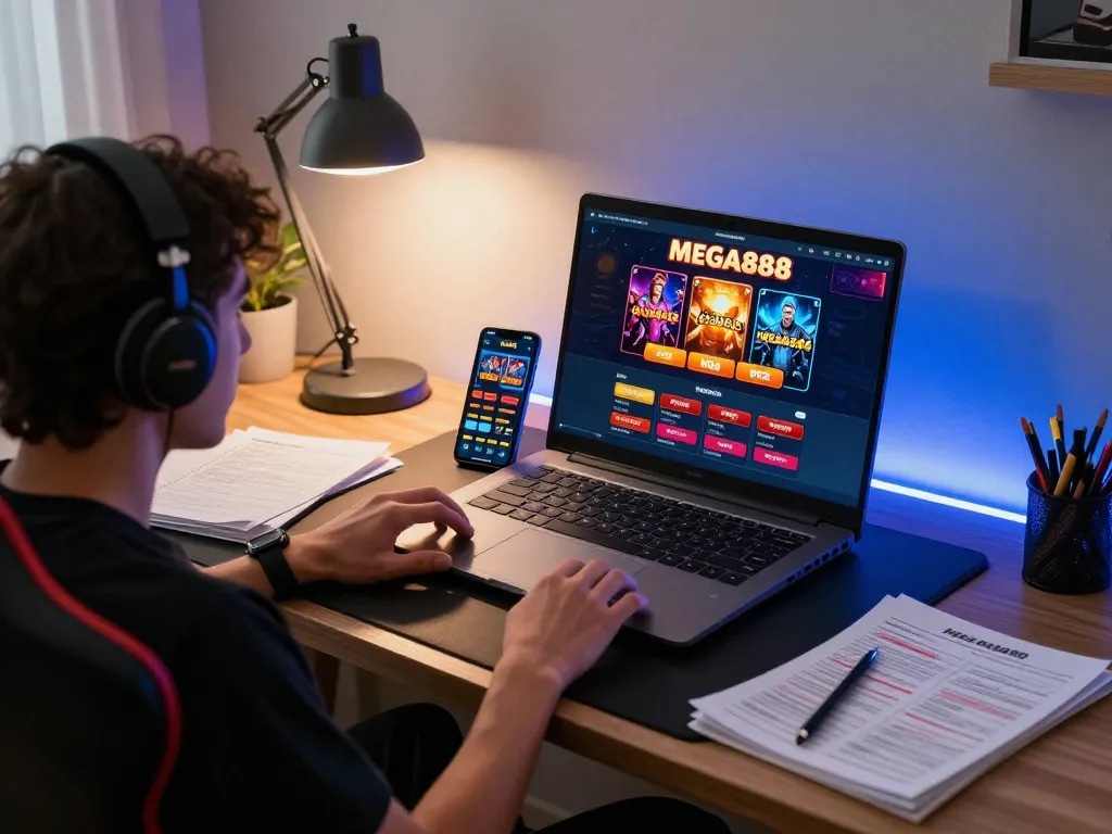 Engaging player utilizing the MEGA888 app on a laptop and smartphone, immersed in online gaming.