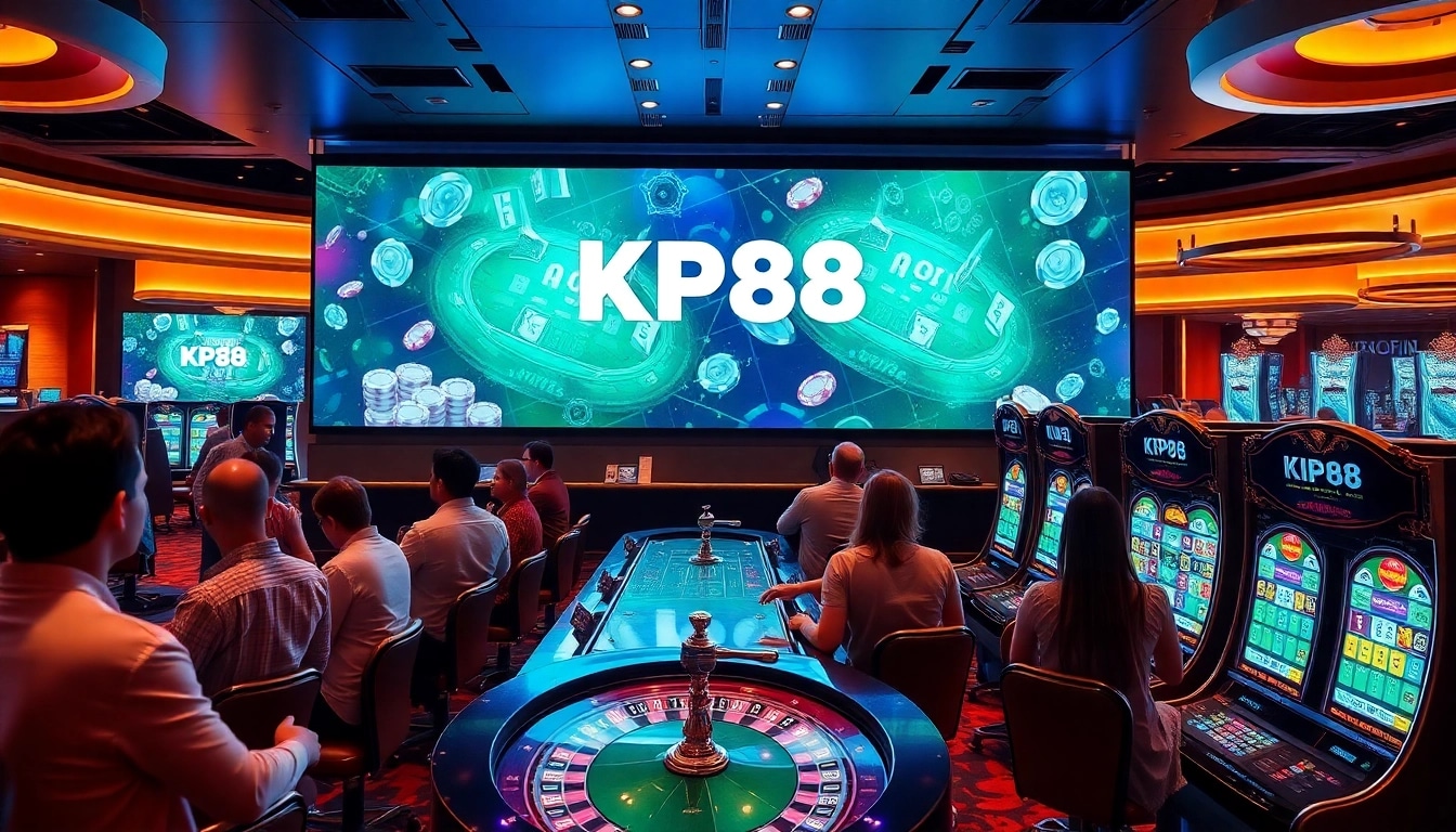Logging into KP88 with excitement in a luxurious casino setting filled with vibrant games