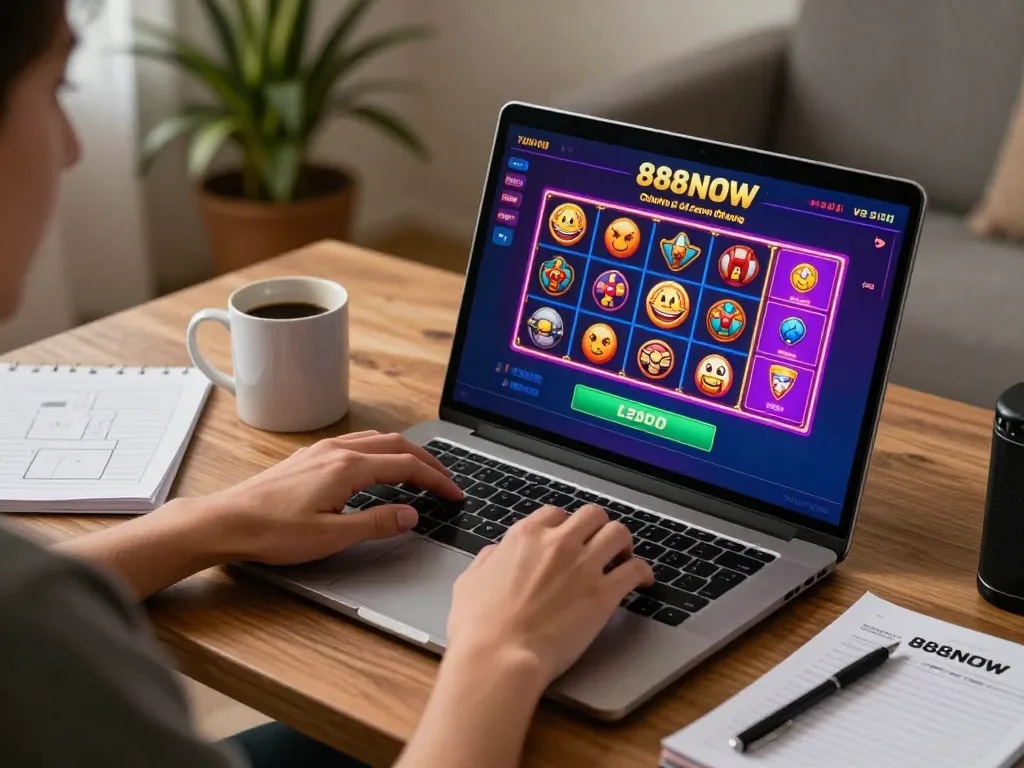 Engaging online gaming experience with 888NOW displayed on laptop screen in cozy home setup.