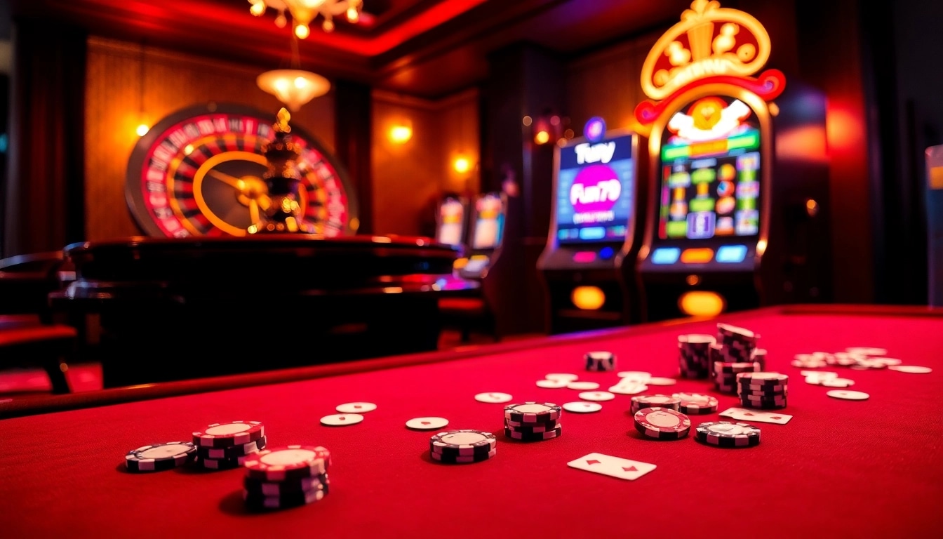 Experience the thrill of casino gaming with fun79, showcasing lively poker action and vibrant gambling tables.