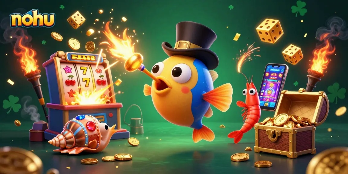 Engage with nohu's thrilling games as the anglerfish attracts golden coins amidst vibrant casino elements.