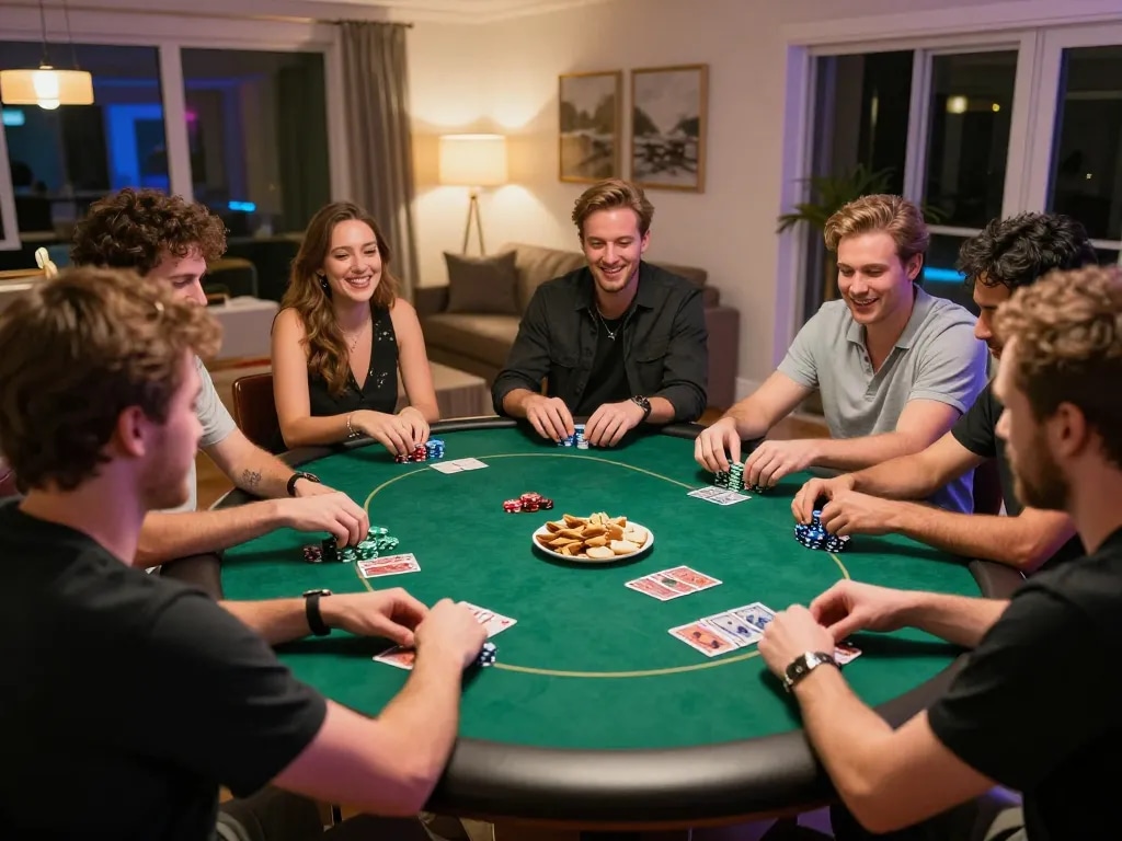 Friends enjoying a lively poker night at home, strategizing with chips and cards, highlighting tr88